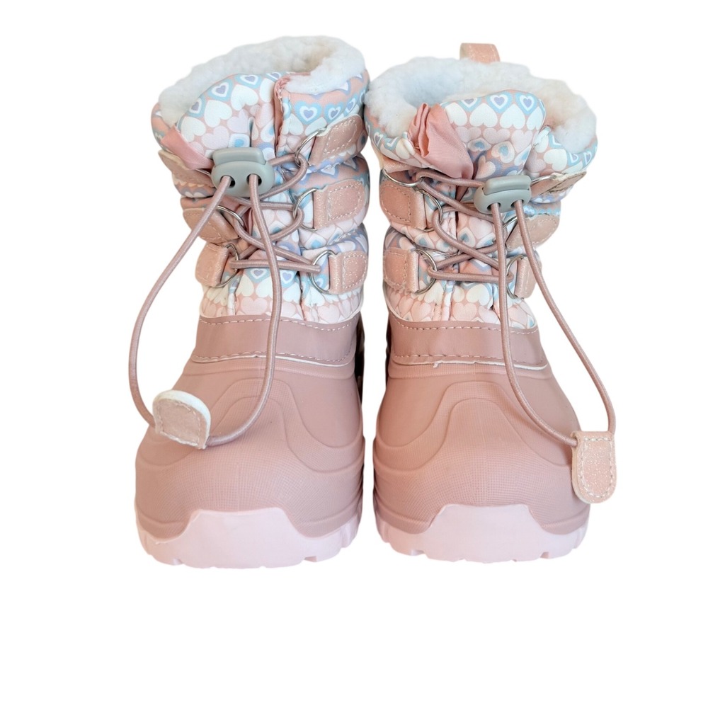 Member's Mark Snow Boots Kids 9/10 Pink Heart Pattern Faux Fur Insulated Bungee